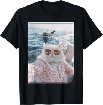 Cool Fat Cat Selfie on Yacht Boat with Shark Funny Cat Meme T-Shirt for Men Women Kids