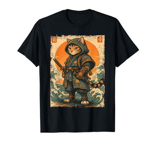 Samurai Cat Katana Warrior Vintage Japanese Cat Anime Men Women Kids T-Shirt