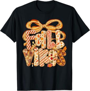 Coquette Bow Fall Vibes Pumpkin Thanksgiving Autumn Leaves T-Shirt