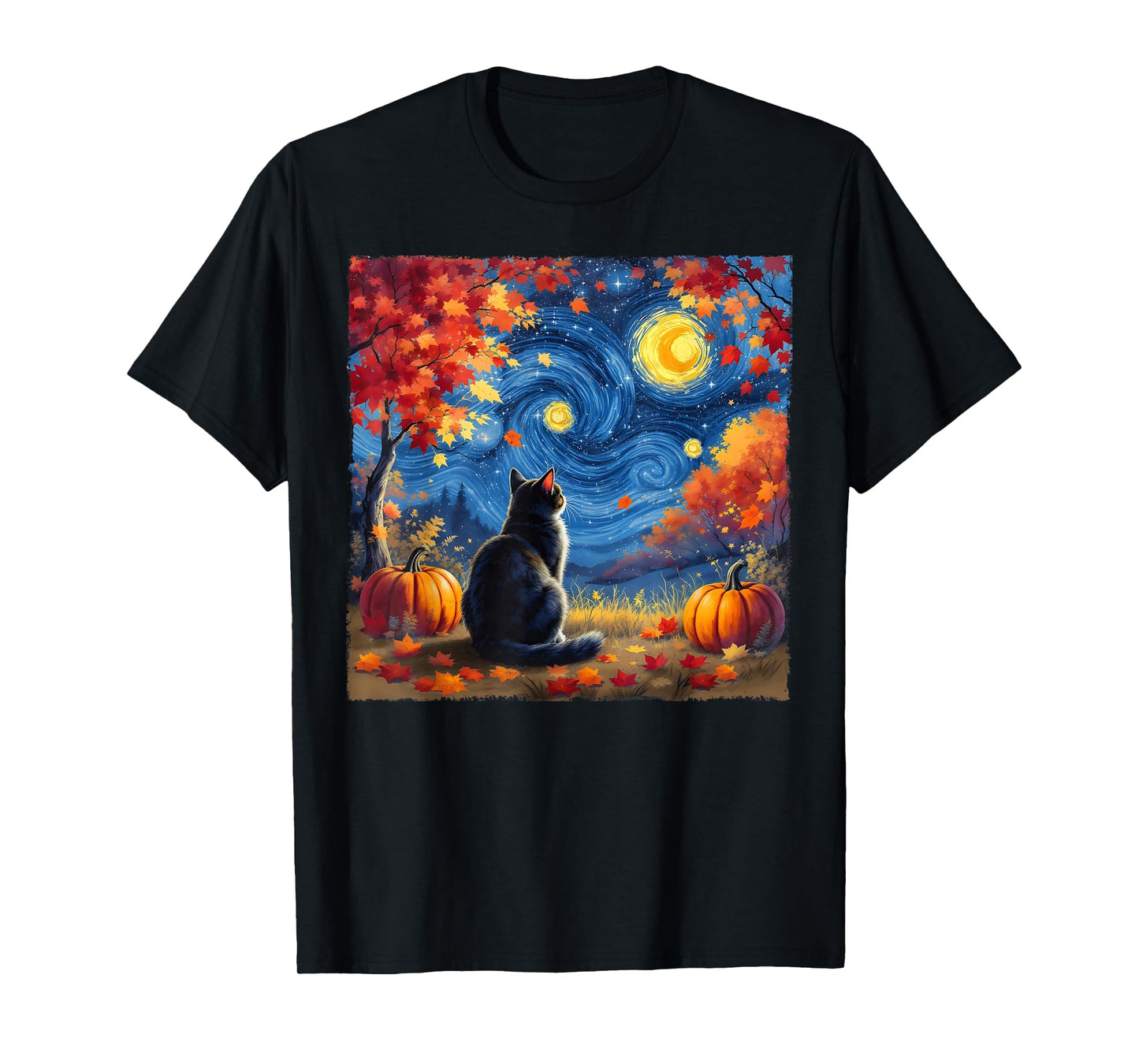 Cat Starry Night Cats Lover Thanksgiving Fall Autumn T-Shirt