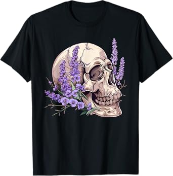 Vintage Skull Purple Lavender Flower Cottagecore Fairycore T-Shirt