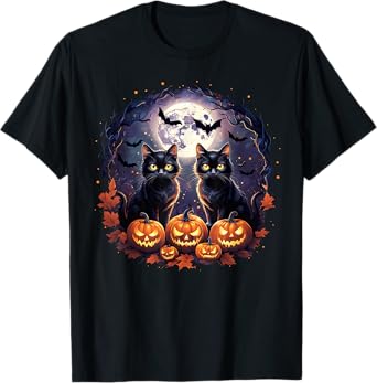 Black Cats Pumpkins Full Moon Halloween Cat Lover Men Women T-Shirt