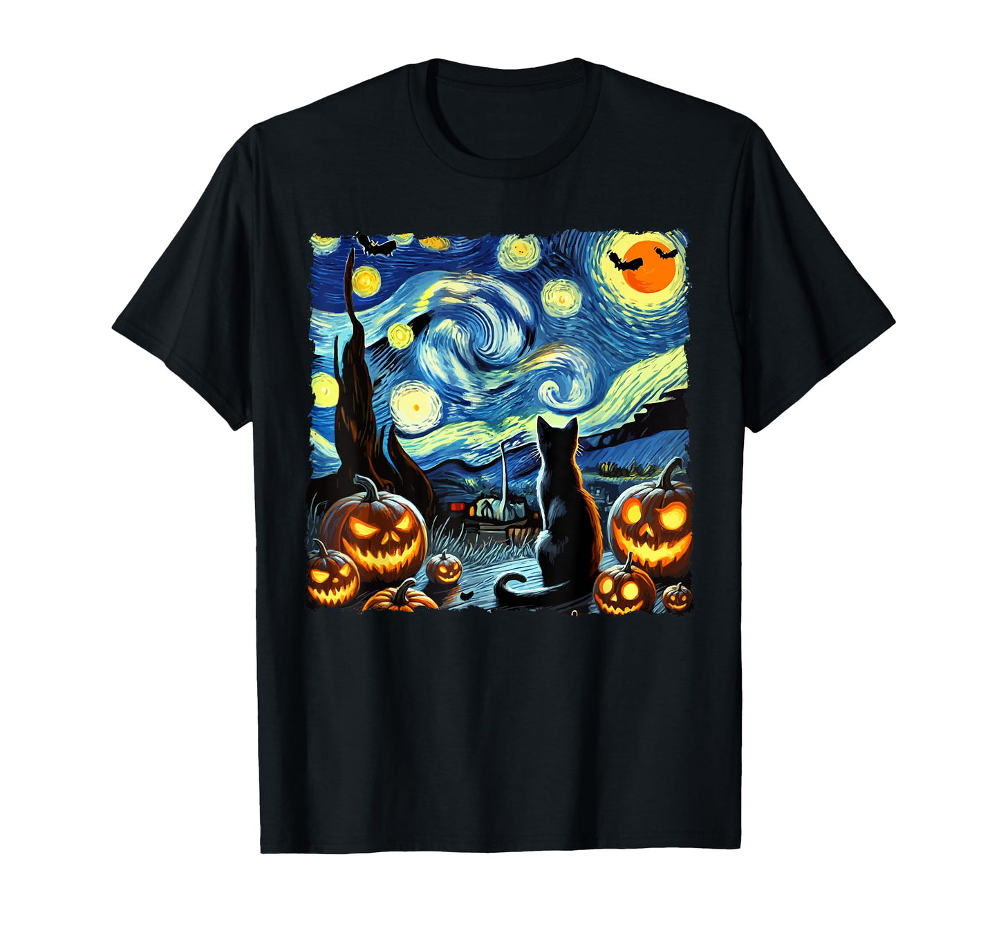 Halloween Van Gogh Starry Night Black Cat Men Women Kids T-Shirt