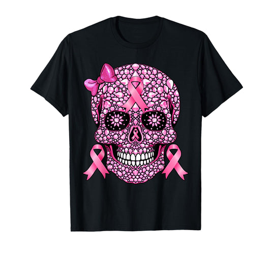 Sugar Skull Pink Ribbon Breast Cancer Awareness Girls Women T-Shirt
