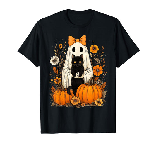 Vintage Halloween Ghost Holding Black Cat Groovy Floral T-Shirt