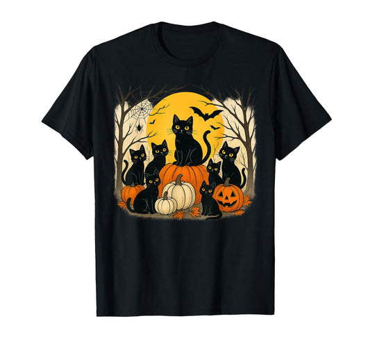 Halloween Black Cats Pumpkins Retro Spooky Night Funny Cat T-Shirt