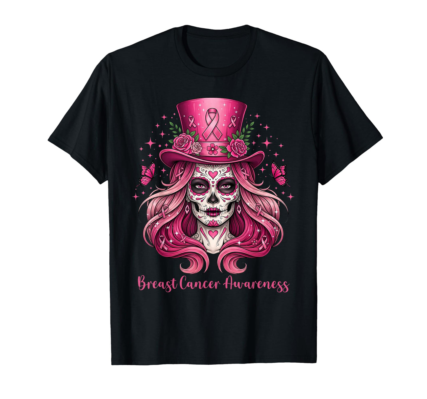 Skull Breast Cancer Awareness Skeleton Women Pink Ribbon T-Shirt
