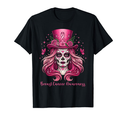 Skull Breast Cancer Awareness Skeleton Women Pink Ribbon T-Shirt
