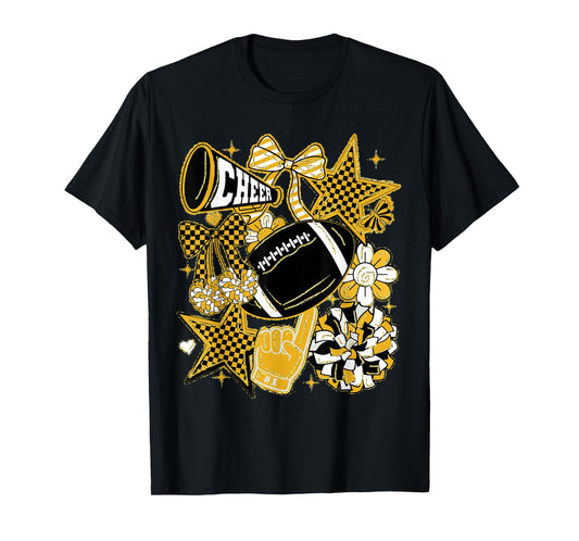 Coquette Bow Football Gold Black Game Cheer Mom Touchdown T-Shirt