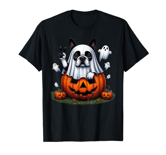 Funny Boston Terrier Ghost Boo Halloween Womens Mens Kids T-Shirt