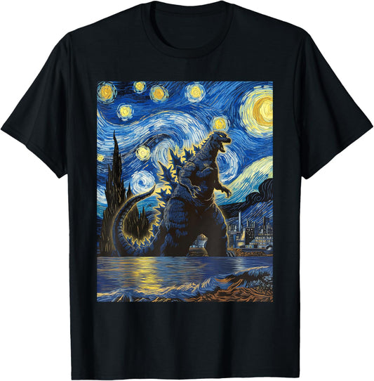 Vintage Japanese Monster Kaiju in Van Gogh Starry Night Art T-Shirt