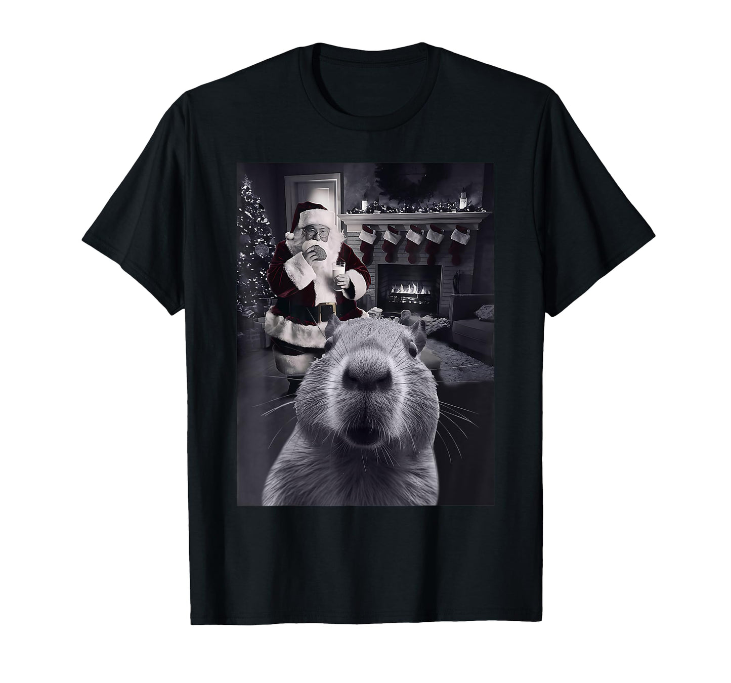 Funny Graphic Capybara Selfie with Santa Capy Xmas Rodent PJ T-Shirt