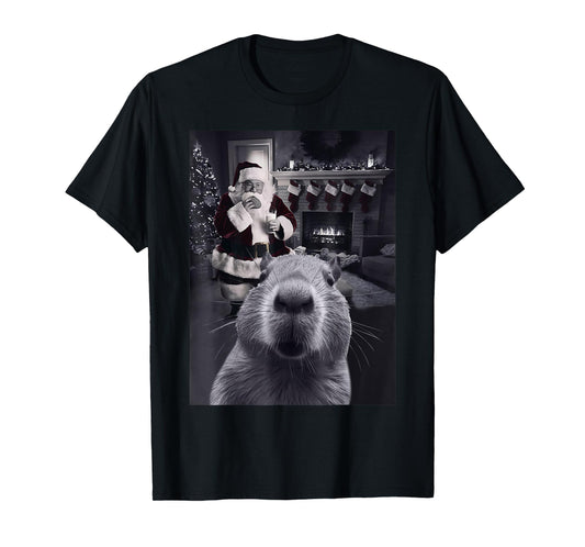 Funny Graphic Capybara Selfie with Santa Capy Xmas Rodent PJ T-Shirt