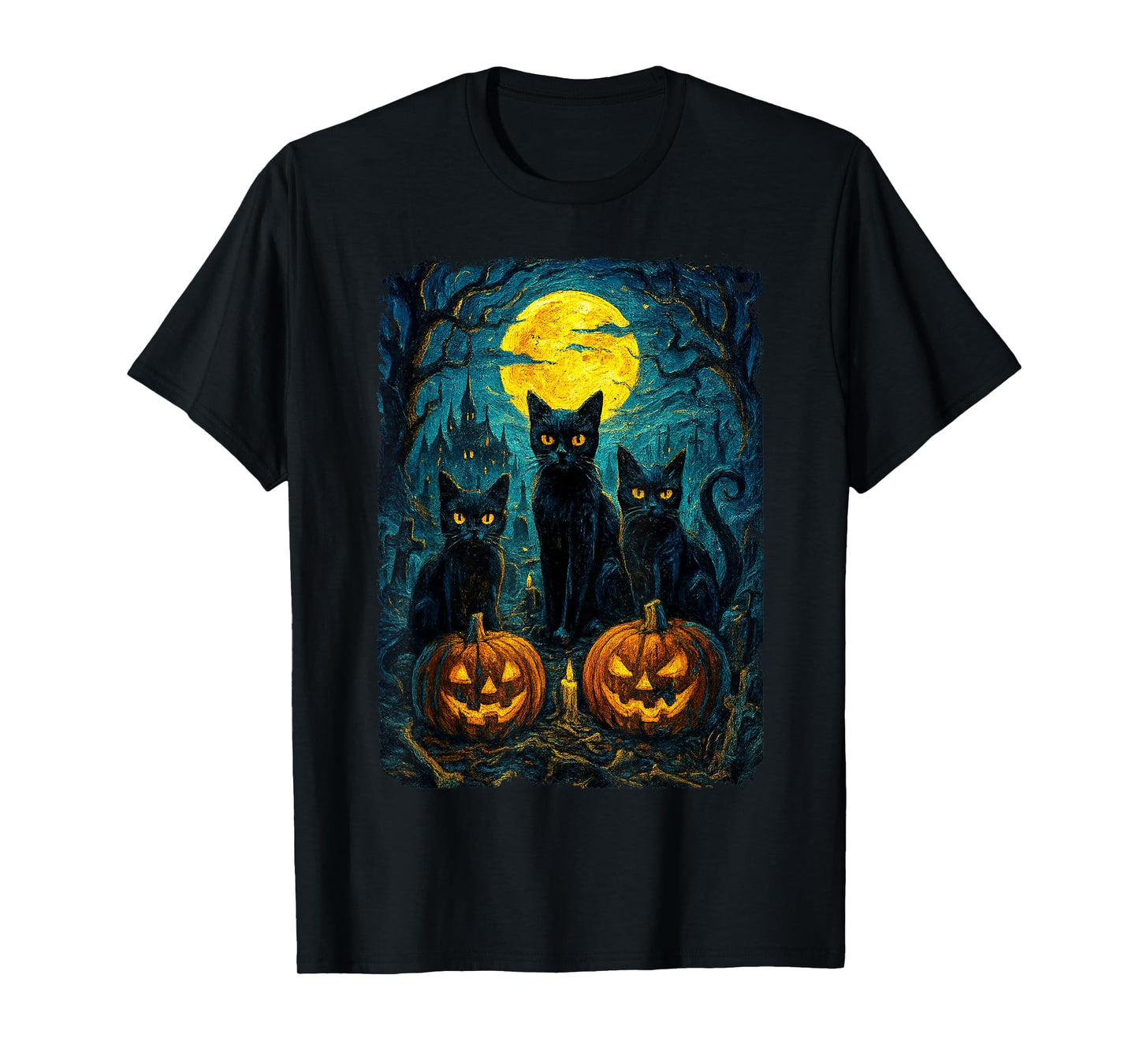 Black Cat Halloween Cat Lovers Starry Night Cat Van Gogh Cat T-Shirt
