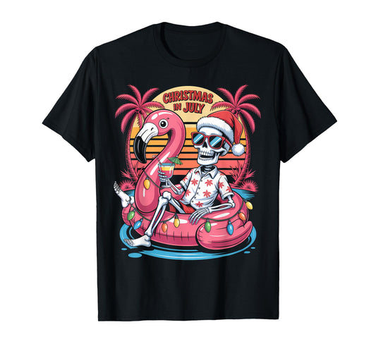 Christmas in July Skeleton Flamingo Float Summer Xmas T-Shirt