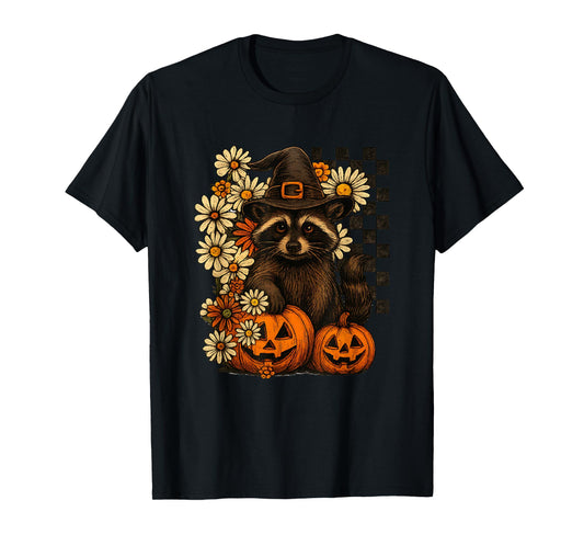 Cute Halloween Raccoon Witch Hat Pumpkins Fall Flowers T-Shirt