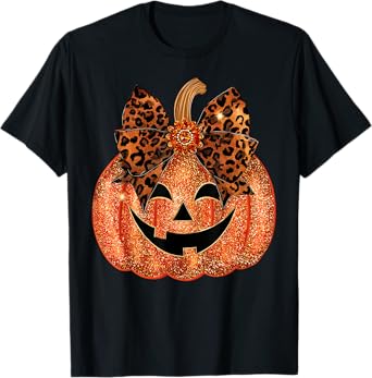 Coquette Leopard Bow Pumpkin Thanksgiving Fall Women Girl T-Shirt