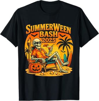 SummerWeen Bash 2025 Skeleton Beach Party Halloween Vibes T-Shirt