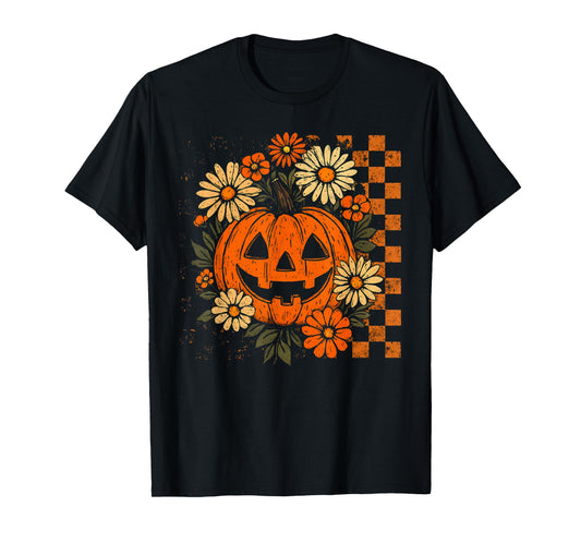Vintage Floral Pumpkin Halloween Retro Jack O Lanter Face T-Shirt