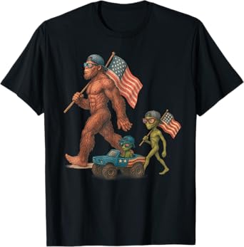 Vintage 4th Of July Sasquatch and Alien Funny 4th Of July T-Shirt