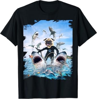 Dog Pug Riding Shark Sharks At Beach Ocean Funny Men Women Kids T-Shirt