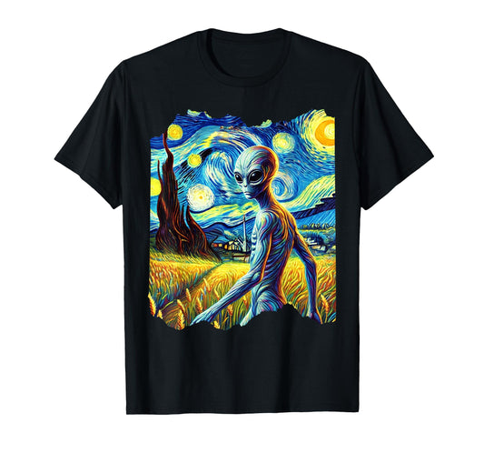 Alien Van Gogh Art Painting Star Sky Night Aliens T-Shirt