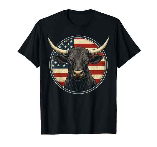 Cowboy Rodeo Bull Distressed American Flag Western T-Shirt