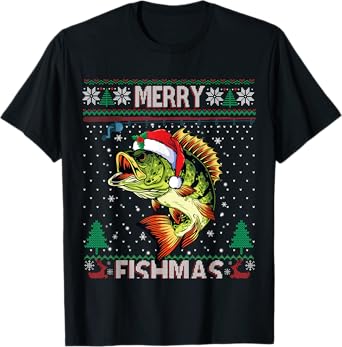 Merry Fishmas Bass Fish Fishing Christmas Ugly Sweater Xmas T-Shirt