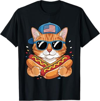 Patriotic Cat Sunglasses Hotdog Fourth Of July American Flag T-Shirt for Men Women Kids