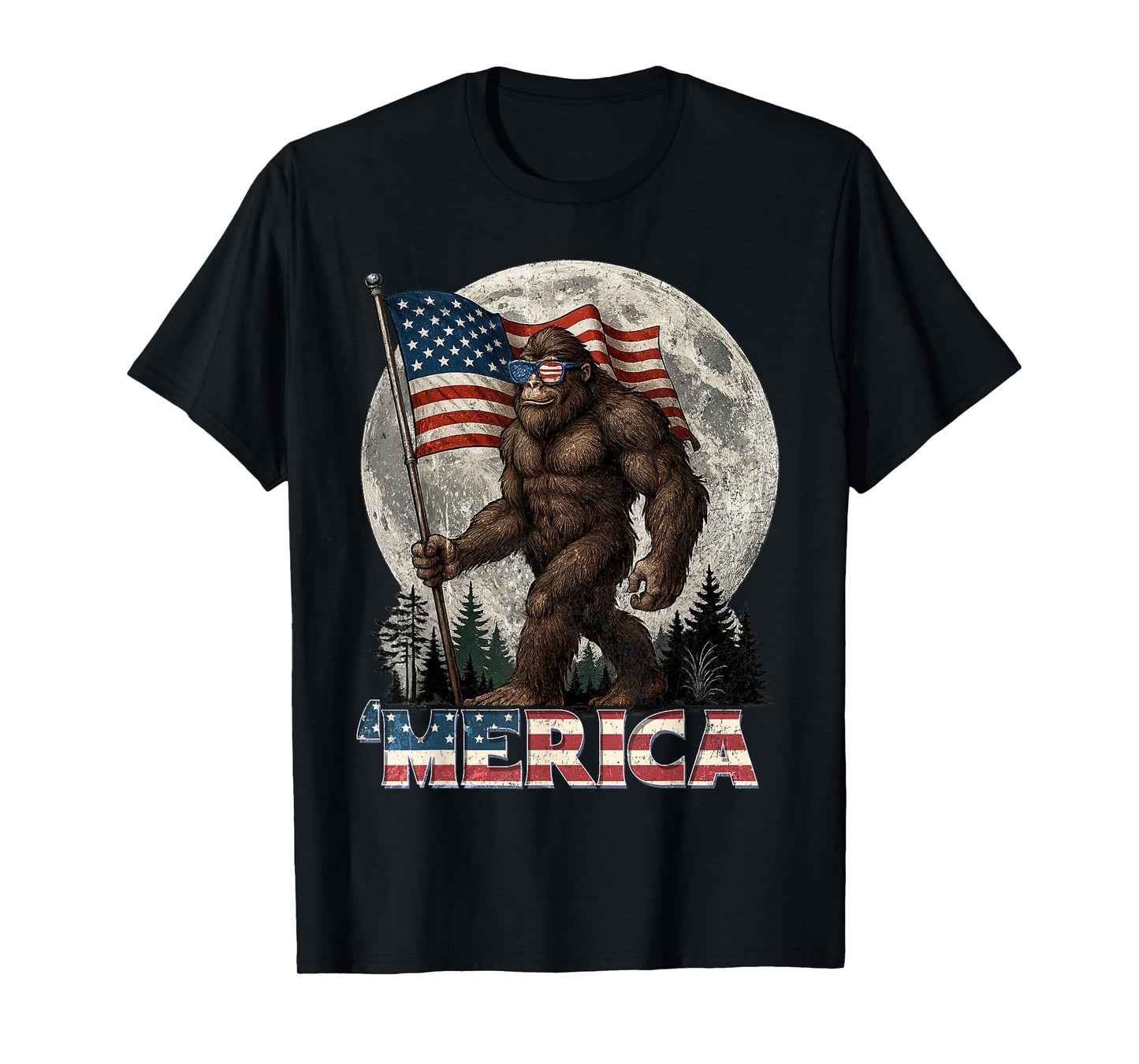 Bigfoot American Flag Funny 4th Of July Men Rock Sasquatch T-Shirt