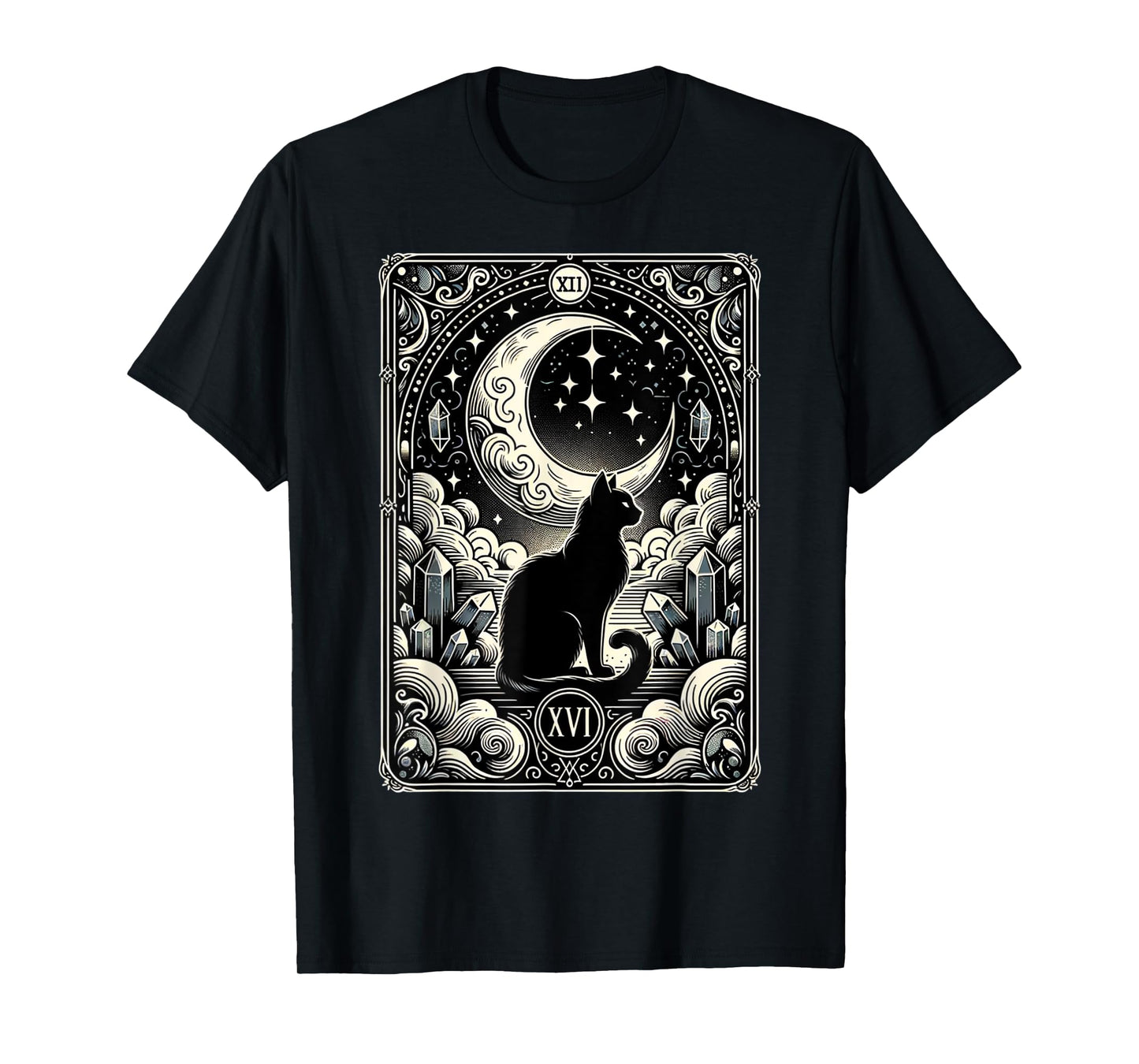 Magical Tarot Card Black Cat and Crescent Moon Vintage Cat T-Shirt