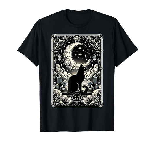 Magical Tarot Card Black Cat and Crescent Moon Vintage Cat T-Shirt