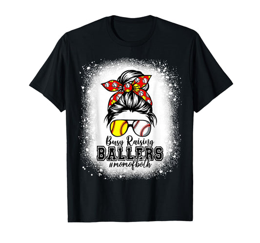 Messy Bun Mom Of Both Baseball Softball Busy Raising Ballers T-Shirt