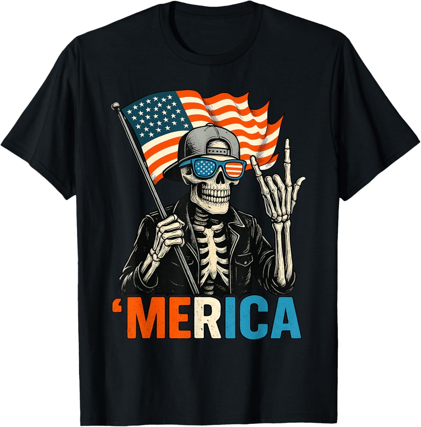 Skeleton Merica Rock American Flag Patriotic USA 4th Of July T-Shirt