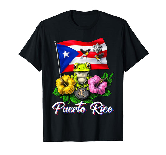 Coqui Frog & Flowers Boricua Puerto Rican Flag Puerto Rico T-Shirt