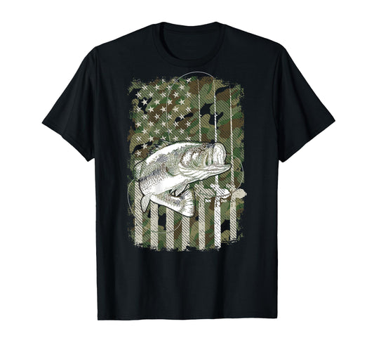 American Flag Camo Bass Fish Fishing (On Back) For Fisherman T-Shirt