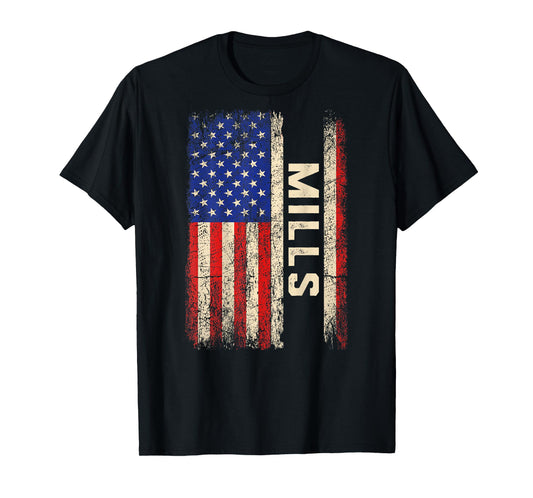 Mills Last Name - Mills Name American Flag (Back) T-Shirt