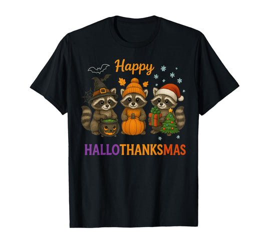 Happy Hallothanksmas Raccoon Halloween Christmas T-Shirt