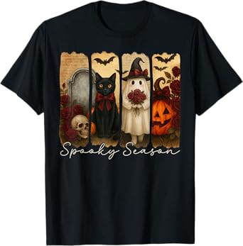Vintage Black Cat Halloween Tee, Spooky Black Cat And Ghost T-Shirt