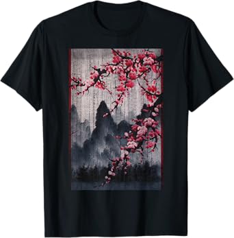 Vintage Cherry Blossom Woodblock Japanese Graphical Art T-Shirt