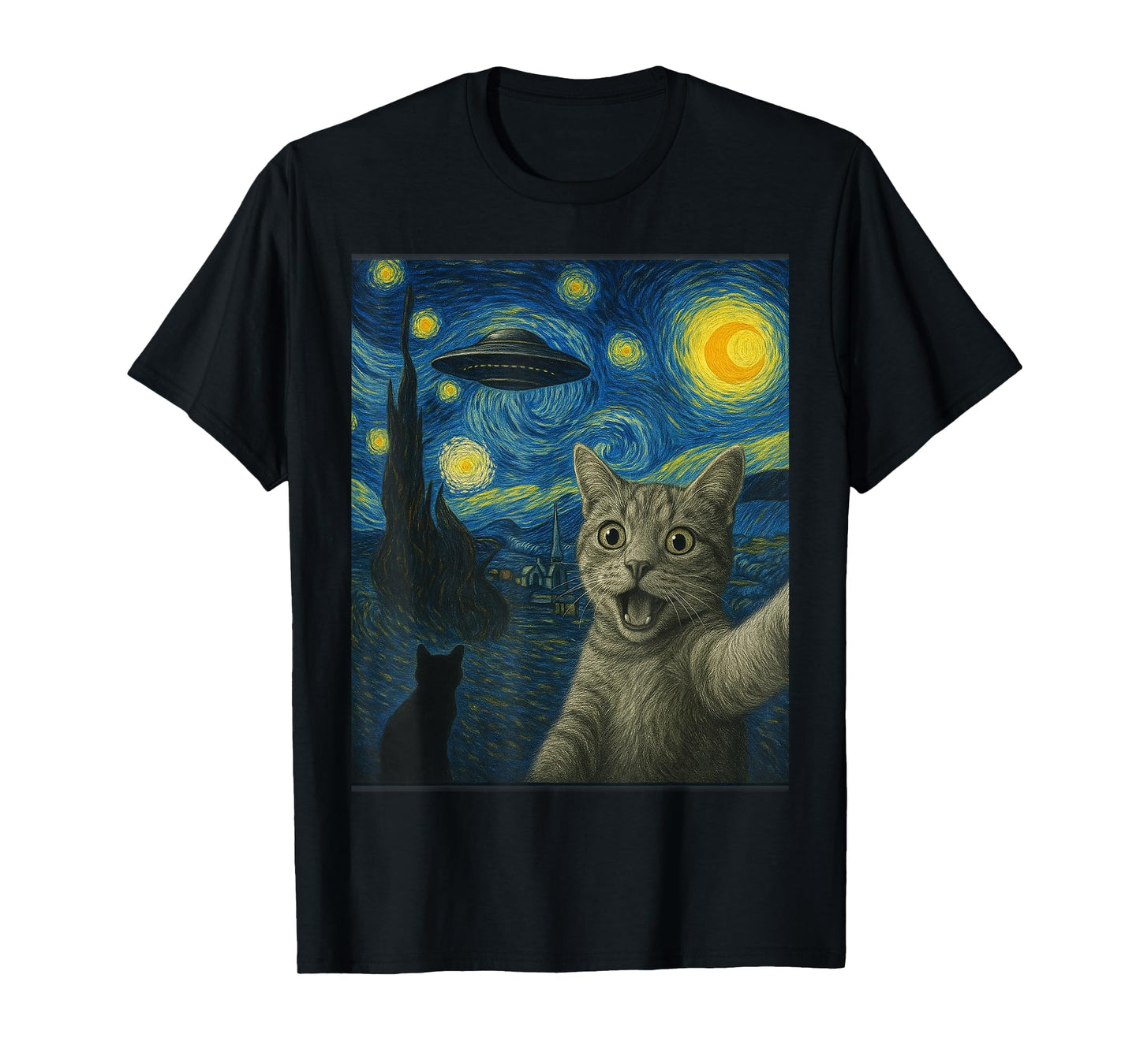 Cat Selfie With Alien UFO Cat Starry Night Van Gogh Cat T-Shirt