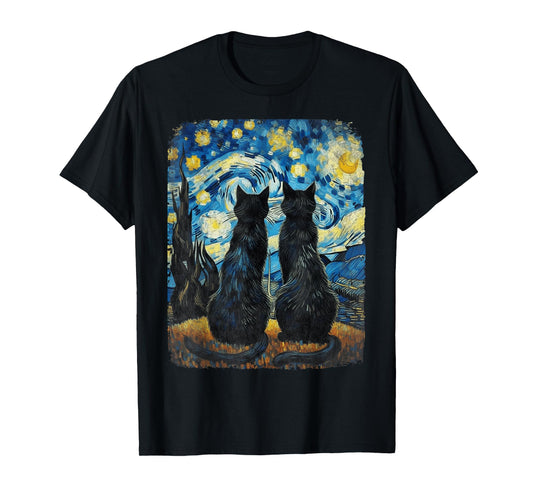 Cat Gifts for Cat Mom Dad Womens Starry Night Van Gogh Cat T-Shirt