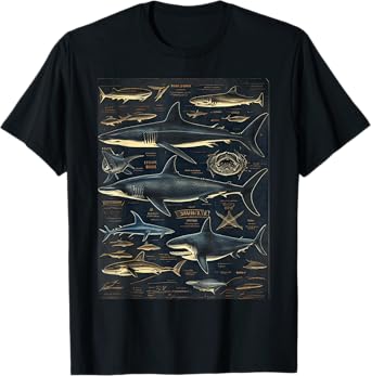 Types of Sharks Vintage Chart Entomology Graphic Tees T-Shirt