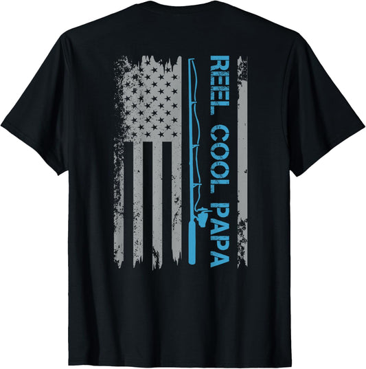 Mens Reel Cool Papa Fishing US Flag Patriotic 4th Of July On Back T-Shirt